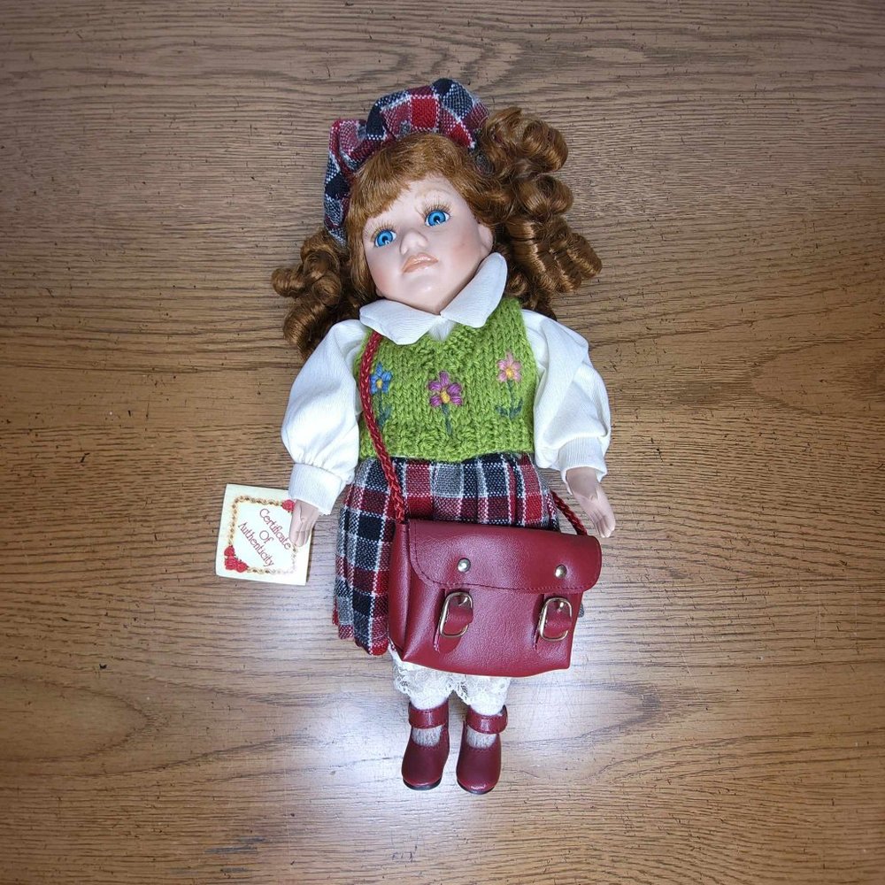 The Collector Choice Porcelain Doll in Red Plaid Large Purse and Plaid Hat Red